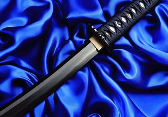 A Japanese katana sword rests on a wood background with a blue shawl nearby