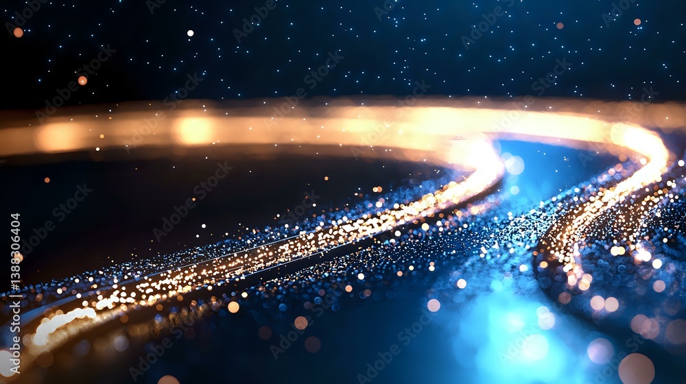 Poster glowing curved light trail with sparkles and bokeh effects against dark background creates magical a
