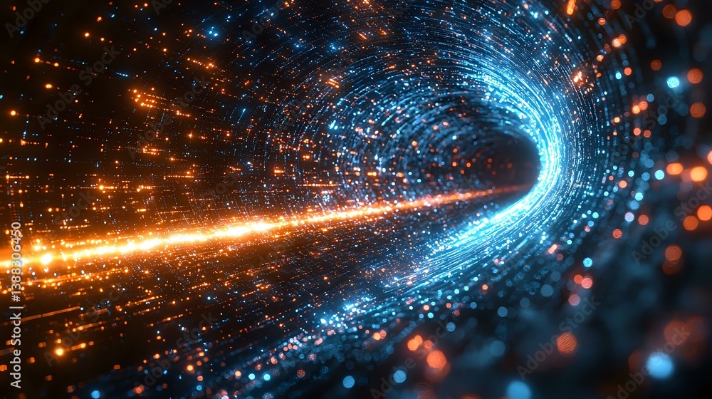 Poster futuristic digital tunnel with glowing orange and blue light streams creating dynamic motion effect 