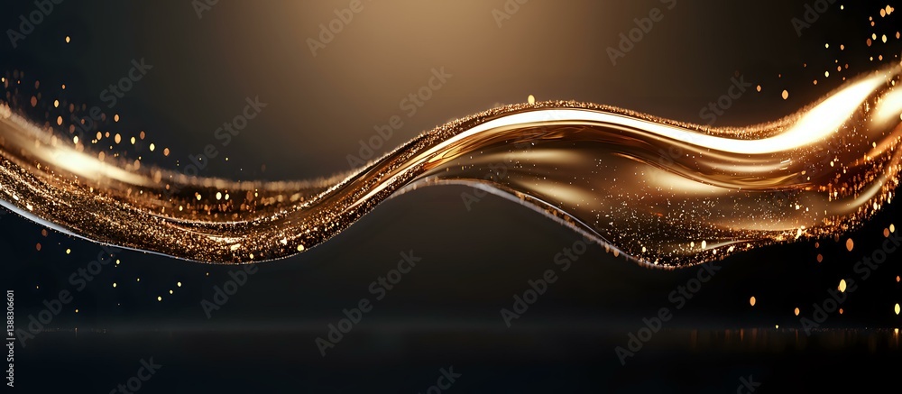 Poster glowing golden wave with sparkling particles flows smoothly across dark background creating elegant 