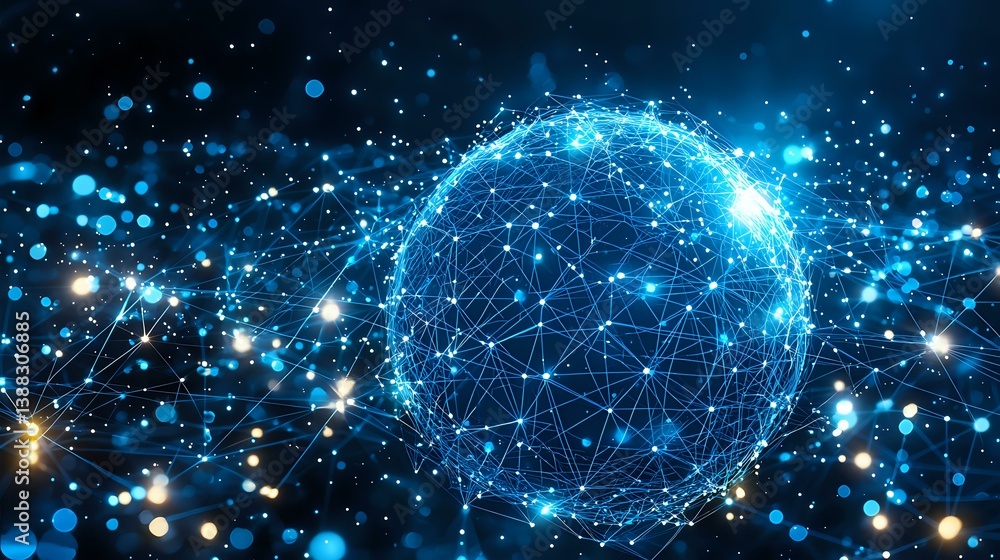 Poster glowing blue digital sphere made of connected dots and lines against dark background with light part