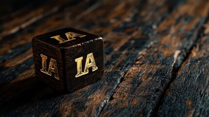 Obraz premium A solitary wooden die with elegantly engraved letters 'IA', resting on a richly textured rustic wooden surface highlighting its intricate design.