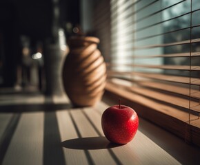 Red Apple on Wooden Surface

