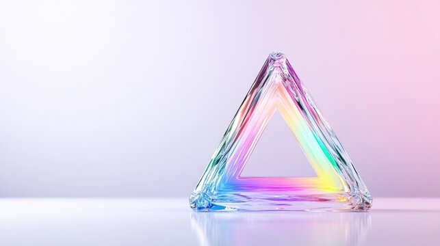 A triangular glass prism displays rainbow refractions. It sits on a white surface against a pale pink background. The image is high-resolution, showcasing sharp details and vibrant colors. Its minima