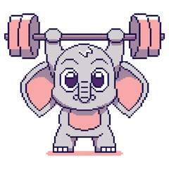 Pixel Art Cute Cartoon Elephant Lifting Barbell on Isolated Transparent Background