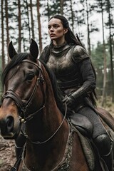 A stunning girl warrior, clad in chainmail and armor, rides her horse while wielding a sword in a forest shrouded in mystery