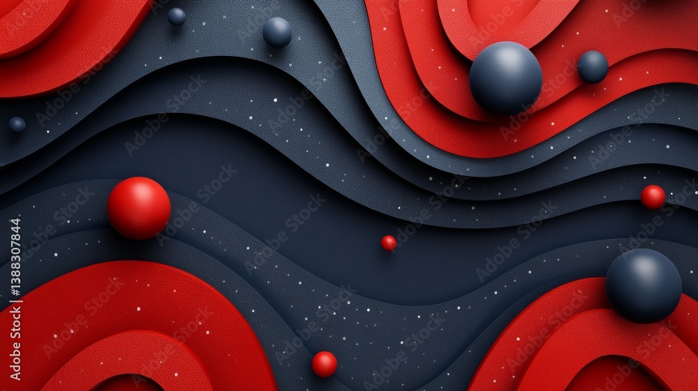 Poster layered spheres and waves in 3d illustration with a minimalist design and abstract backdrop