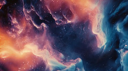 A vibrant nebula with orange and blue hues swirling amidst a star studded cosmic background view