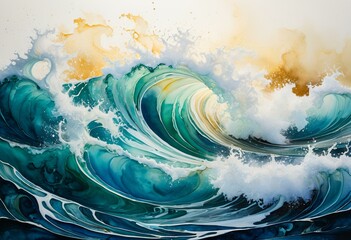 A painting of a large wave in the ocean.