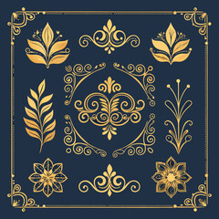 golden vintage floral design elements set