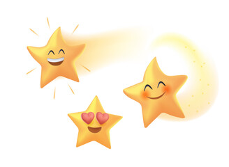 3D Cute Star Icons Vector illustrations Set. Twinkle twinkle little star. Yellow Little Falling Stars. Cartoon Comets