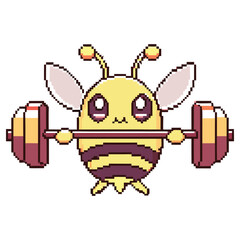 Pixel Art Honeybee Lifting Barbell Cartoon Character on Transparent Background