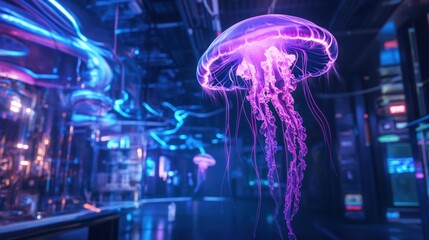 Obraz premium Glowing Jellyfish Floating in Futuristic Neon Lit Aquarium Display