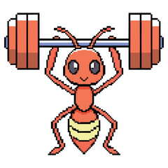 Pixel Art Style Red Ant Lifting Barbell with Transparent Background Design