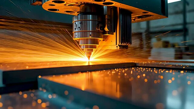 CNC laser cutter slicing metal sheet with precision and glowing sparks