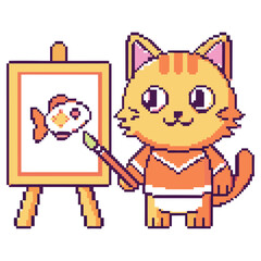 Pixel Art Cartoon Cat Painting Fish on Easel, Orange Fur, Transparent Background