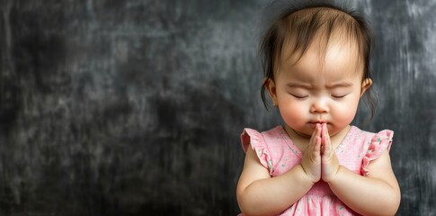Fototapeta premium In the morning, a little Asian girl can be seen praying with her hands folded, set against a black background, representing concepts of faith and religion