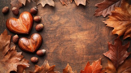 Heartfelt Autumn Composition with Leaves and Acorns Framing a Rustic Wooden Background Evoking Cozy Feelings