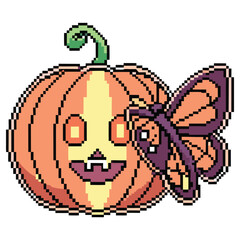Pixel Pumpkin with Butterfly on Transparent Background 8bit Halloween Style