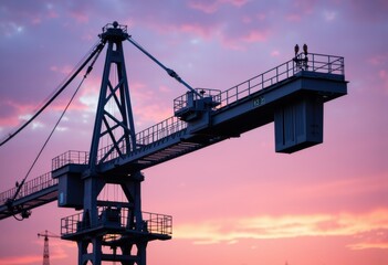 Fototapeta premium Industrial crane silhouette against a vibrant sunset sky