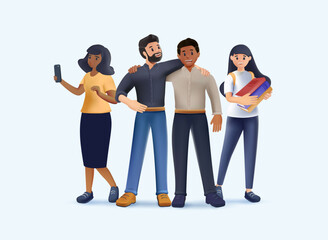 Obraz premium Happy teenagers and students 3D. Group of friends character are laughing and talking. Stylish smiling boys and girls