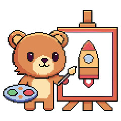 Pixel Art Style Teddy Bear Painting Rocket on Canvas with Palette isolated