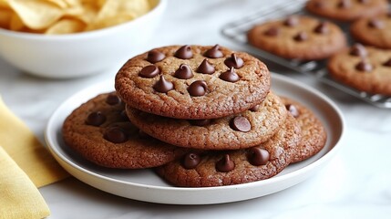 Delicious chocolate chip cookies stacked on a plate, with a bowl of chips in the background.