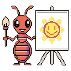 Fototapeta premium Cheerful Pixel Art Ant Painting Smiling Sun on Canvas with Transparent Background