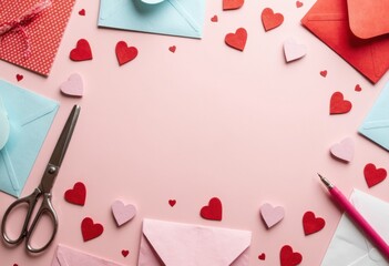 Colorful envelopes and heart-shaped decorations create a festive atmosphere