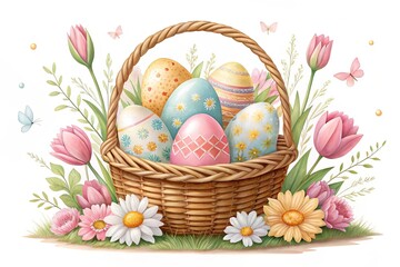 Colorful Easter Basket with Spring Flowers