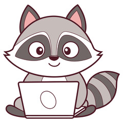 Cartoon Raccoon Character Works on a Laptop with a Transparent Background