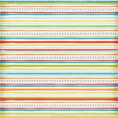 Cheerful horizontal stripe pattern with colorful lines, dots, and scalloped details in blue, orange, yellow, green, perfect for playful design, kids project, textile, stationery, creative background