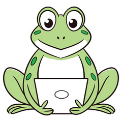 Cartoonish Green Frog with Spots Working On Laptop Isolated on White Background