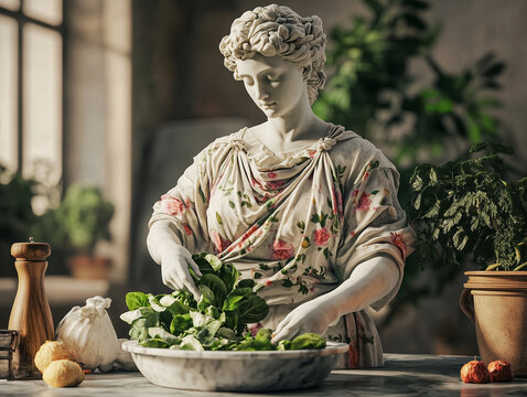 a ptoto realistic image of an ancient greek statue of doryphoroswearing a floral apron is making salad in the modern kitchen