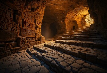 A stone walkway in a cave at night.