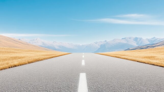 A long, straight asphalt road stretches towards snow-capped mountains under a clear blue sky. Dry, golden fields border the road. The image is high-resolution, showcasing sharp detail and vibrant col