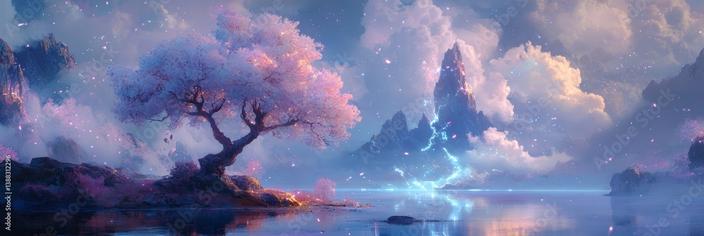Poster an advanced setting in which natural features such as trees and water are adorned with vivid, radian