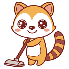 Cute Cartoon Tanuki Character Sweeping with Vacuum Cleaner on White Background