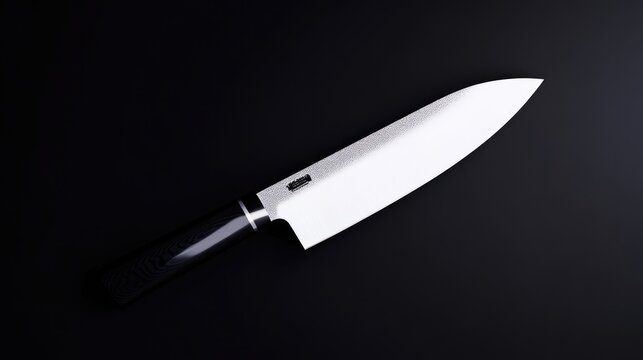 Chefs Knife Black Handle Minimalist Style High-resolution Sharp Focus Diagonal Composition Sleek Design Ready to Use Dark Background Monochromatic Cool Tones Culinary Product Advertisement
