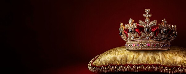 Obraz premium Royal Crown on Gold Cushion Dark Red Background, Close-Up Composition, Royalty Concept Royal Crown,Luxury Crown