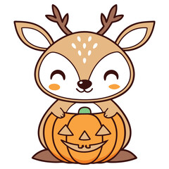 Cute Cartoon Deer Holding Halloween Pumpkin with Smiling Face on White Background