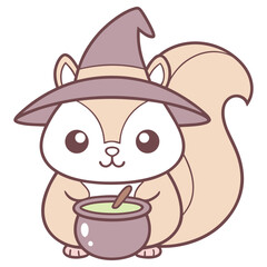 Charming Cartoon Squirrel in Witch Hat with Cauldron, Isolated on White