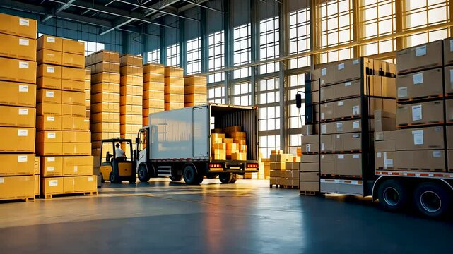 Large distribution warehouse with stacked boxes and truck in loading bay