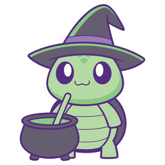 Cartoon Turtle Witch with Cauldron, Stirring Potion, Transparent Background