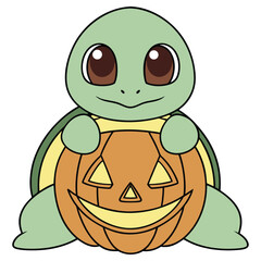 Cartoonish Turtle holding a Carved Pumpkin with Big Eyes on Transparent Background