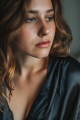 Fototapeta premium A close-up portrait captures a woman with fair skin, freckles, and wavy, light-brown hair. She gazes away with a contemplative expression. The soft lighting enhances the intimate and natural setting.