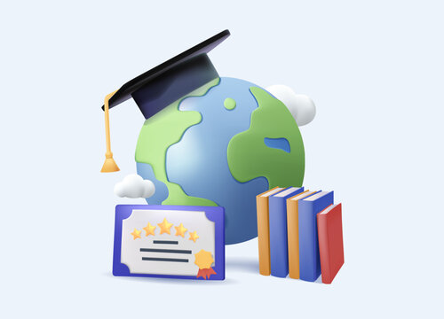 International education 3D illustration vector. Move to study cartoon concept vector illustration. Cartoon planet and diploma on white for web design. Traveling student creative idea for website