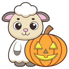 Cartoon Lamb Character Leaning Against JackOLantern, Cute Style on White