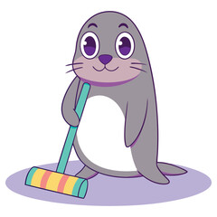 Cute Grey Cartoon Seal Holding Croquet Mallet on Transparent Background