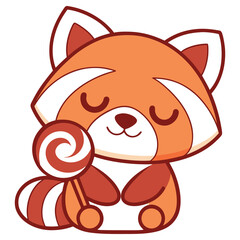 Adorable Red Panda Character Holding Lollipop Sweet Candy Isolated Design